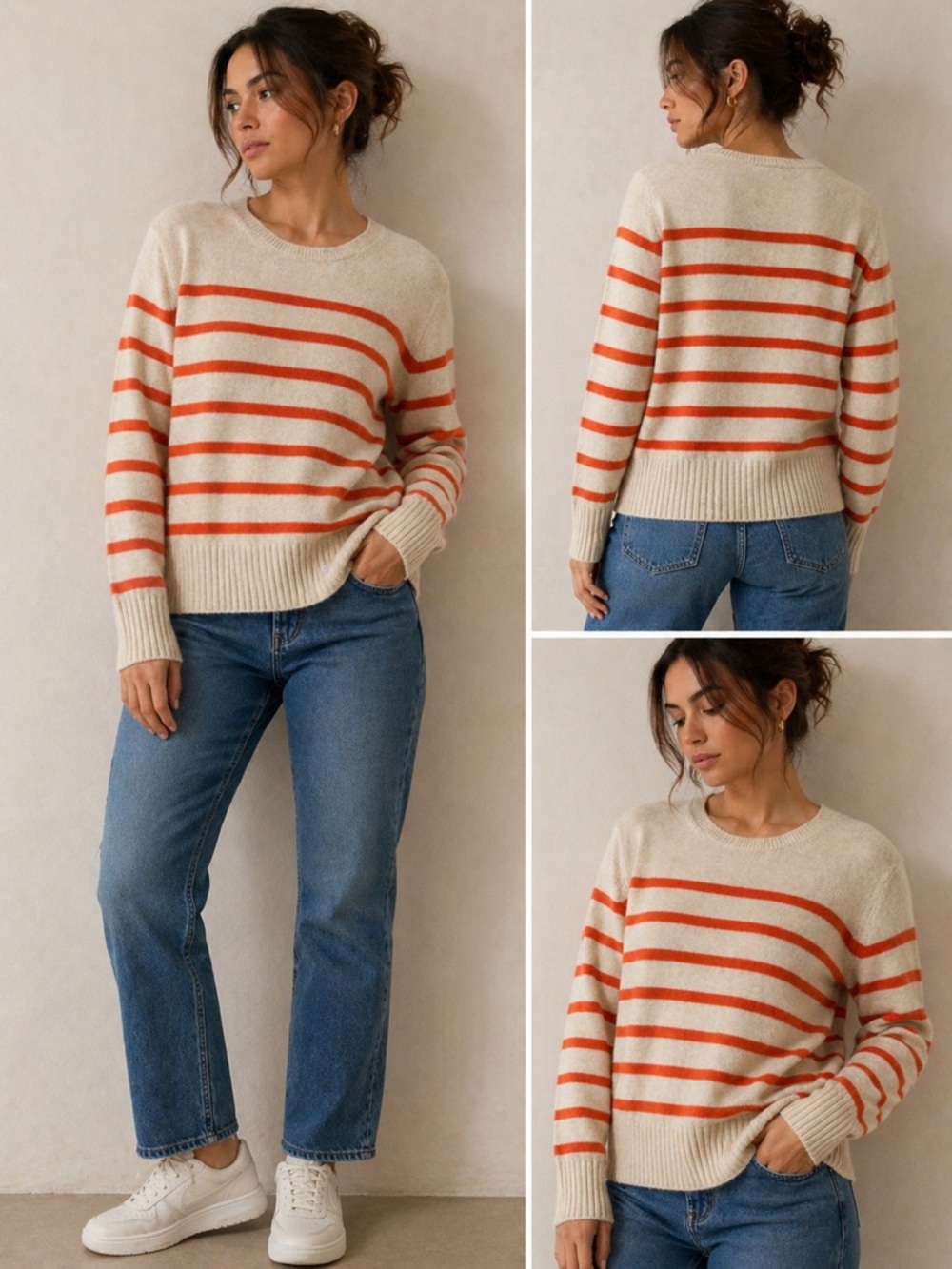 OLSEN “Henny” Striped Crewneck Sweater in Cream and Orange - Picture 1 of 6